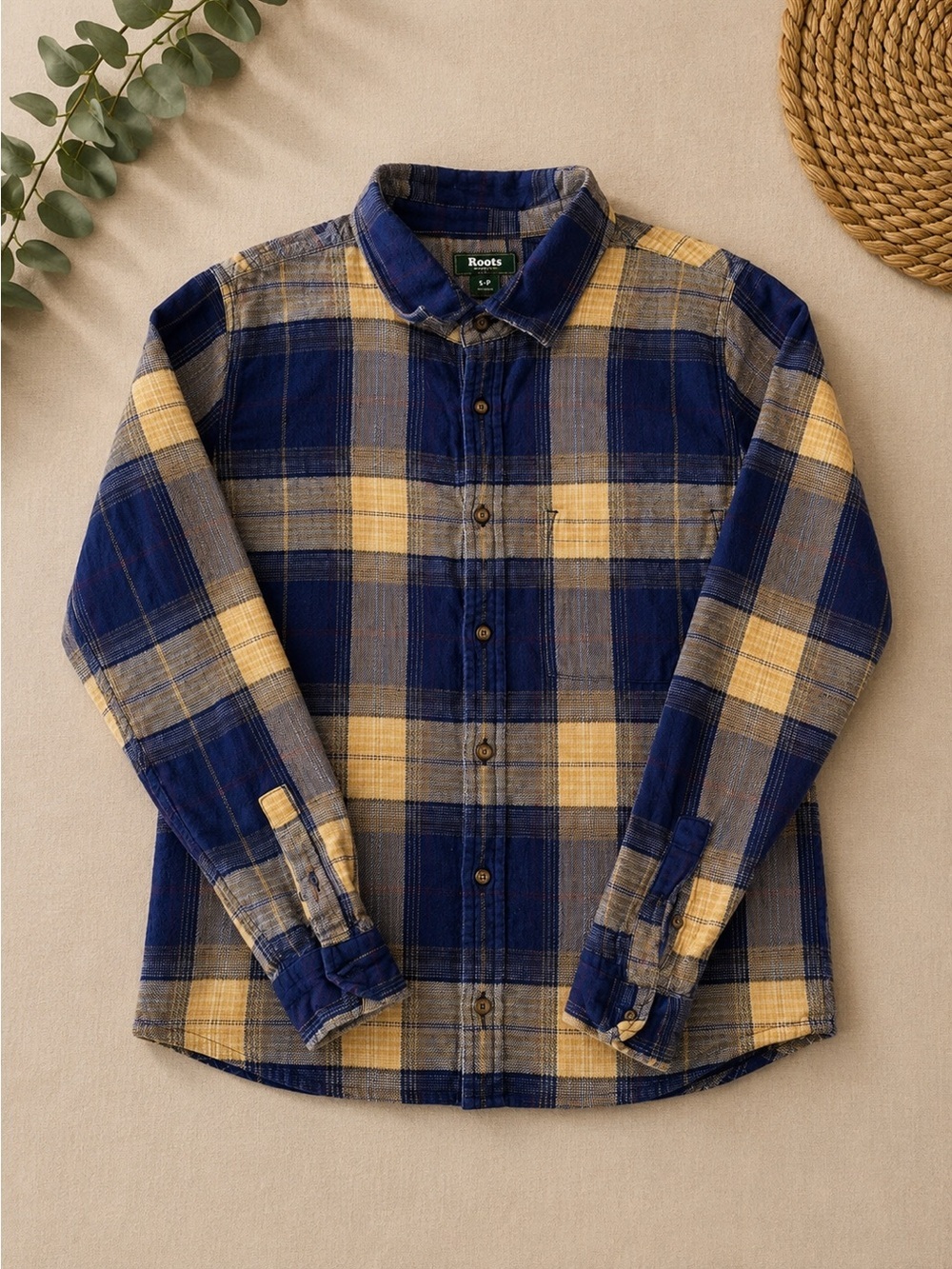 Roots Canada Blue Plaid 100% Cotton Button-Up Flannel Shirt Men’s Small